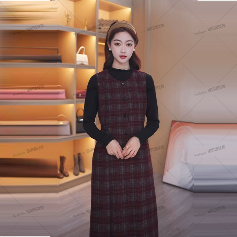 nuobeiyin/诺贝因冬季格子毛呢背心裙打底衫两件套装 NNBY661078