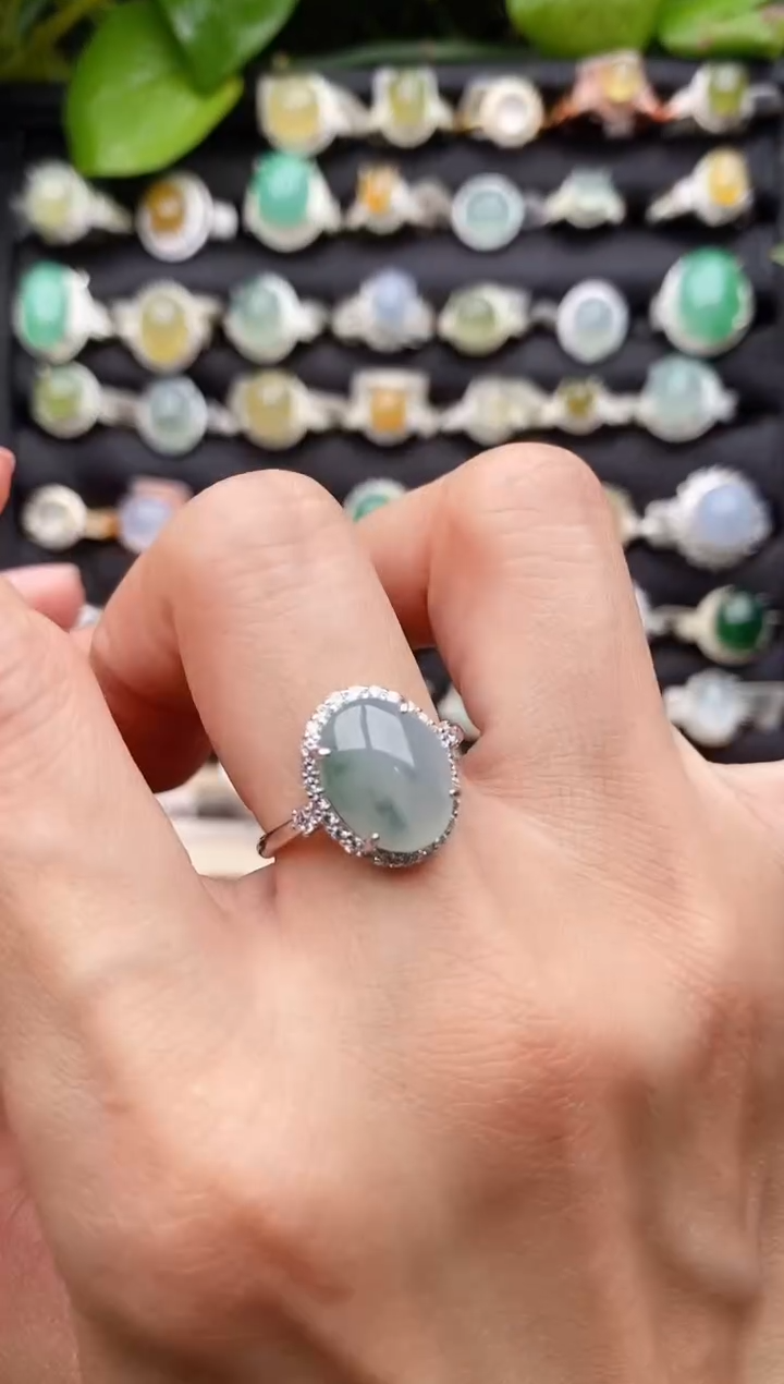 【闪购商品】翡翠戒指银S925镶嵌缅甸天然A货翡翠55  4-3