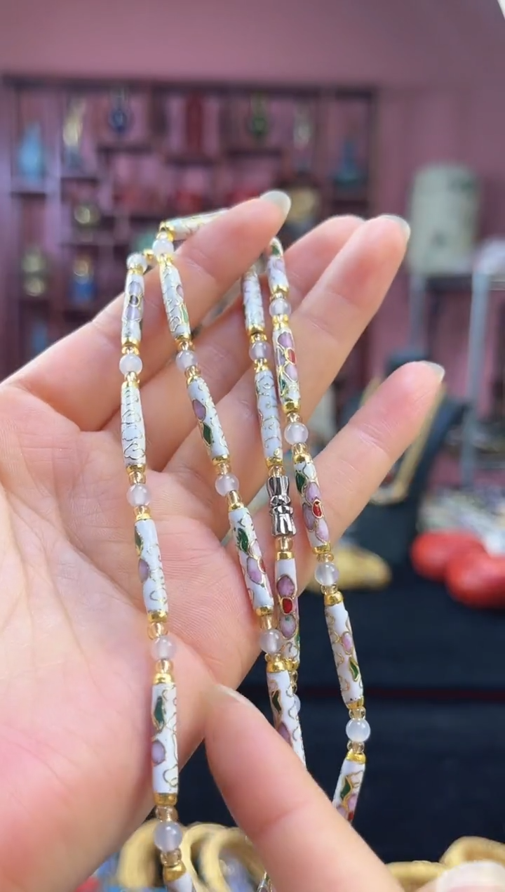 非遗技艺景泰蓝竹节项链   白色