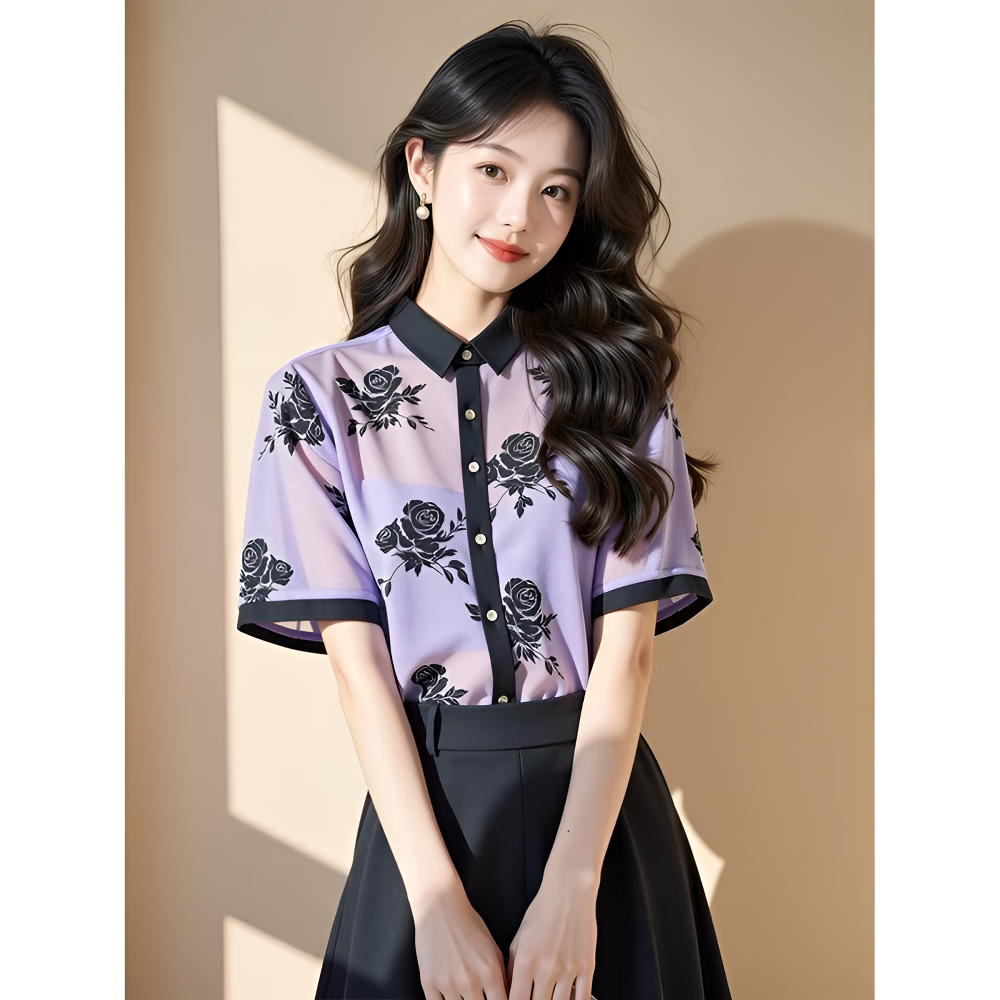 紫色玫瑰衬衫短袖女装2025年新款正肩翻领衬衣小香风内搭减龄上衣