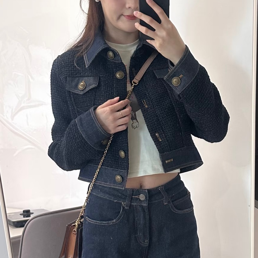 99新 Chanel/香奈儿 36码18P深蓝色细闪编织软呢拼牛仔翻领外套