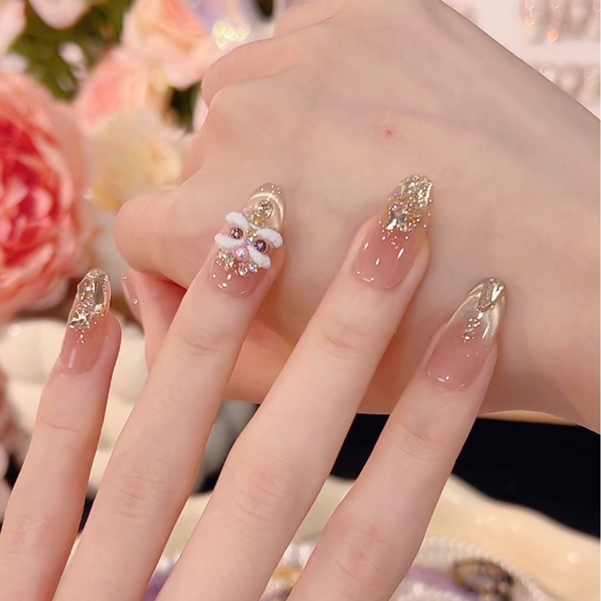【吉祥如意】手工猫眼穿戴甲美甲贴片可拆卸指甲贴片10片装
