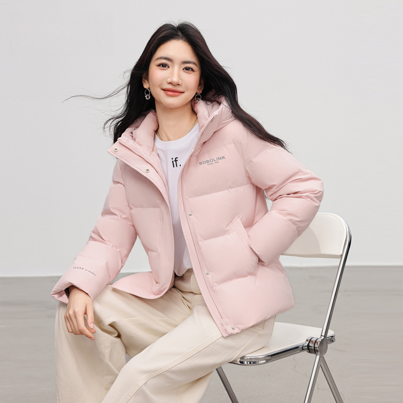 拉夏贝尔白鸭绒羽绒服女士短款连帽2025冬季新款简约时尚保暖外套