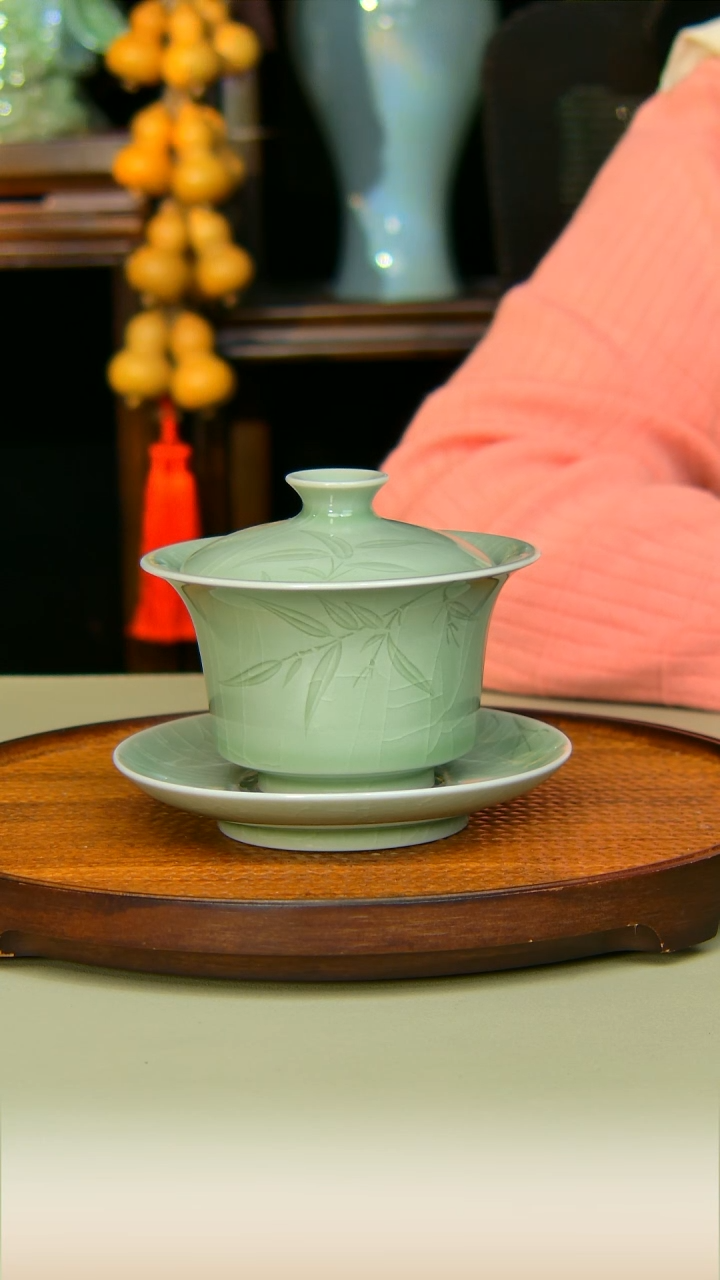 汝瓷豆绿竹子马蹄盖碗全手工