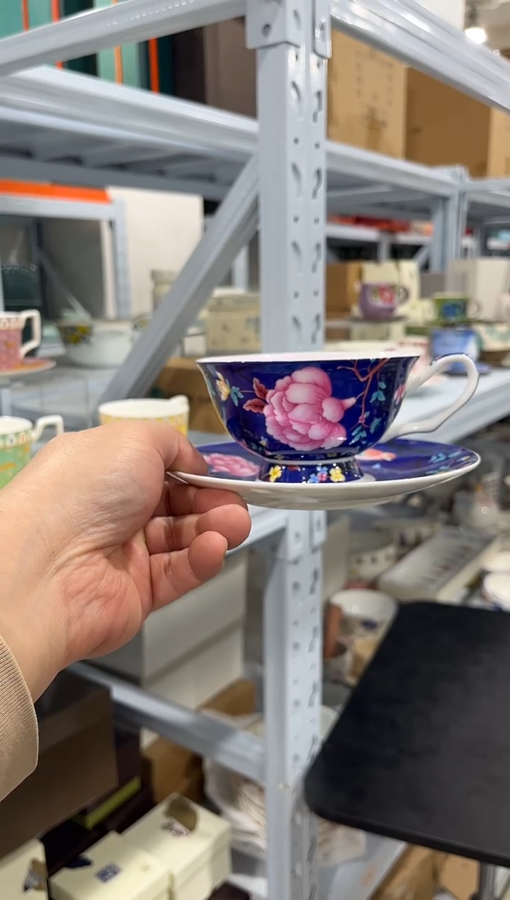 杯子骨瓷（简装）宝石蓝咖啡杯碟一套+小勺