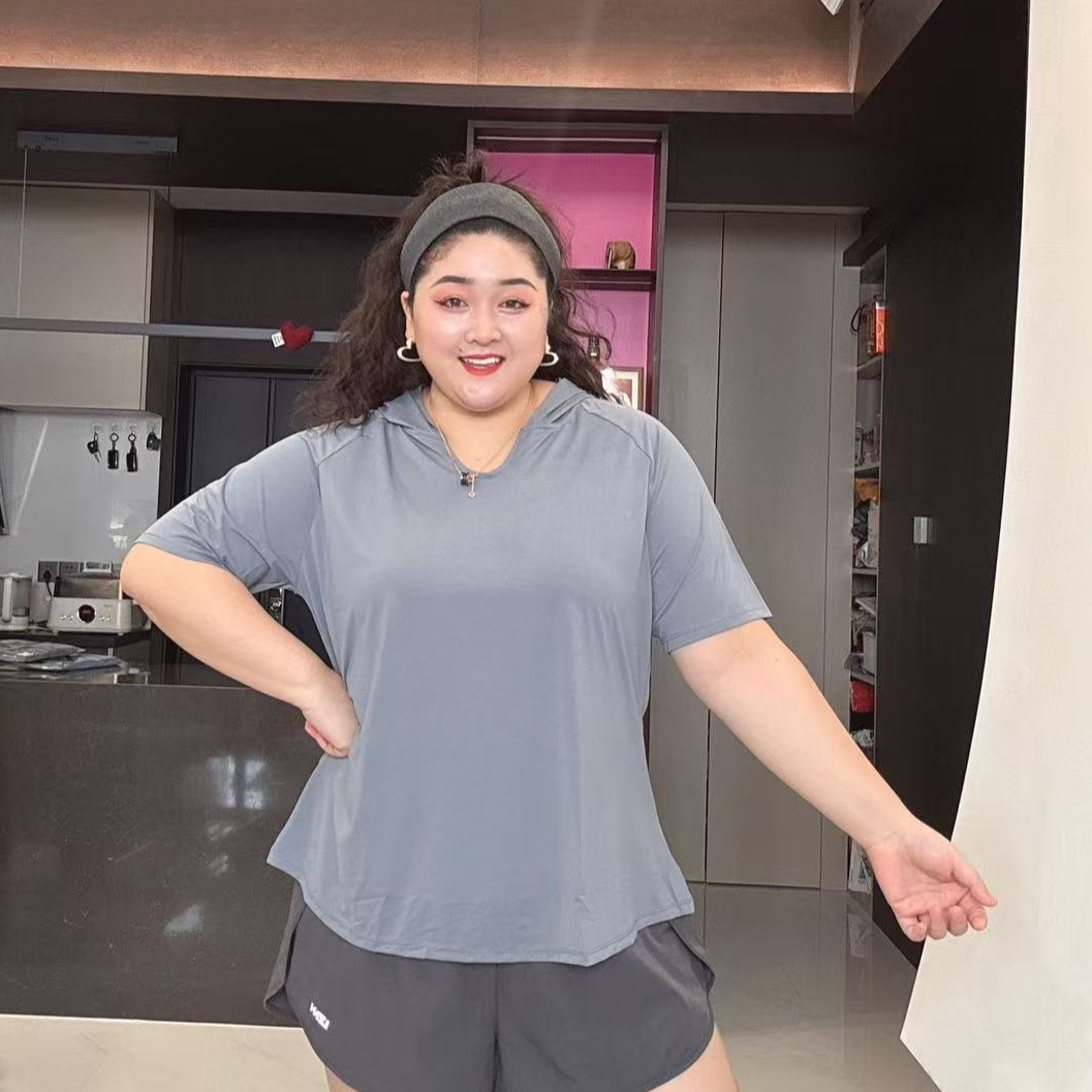 {断码特价}大码夏季连帽速干小U领宽松运动短袖SY-7 牛仔蓝