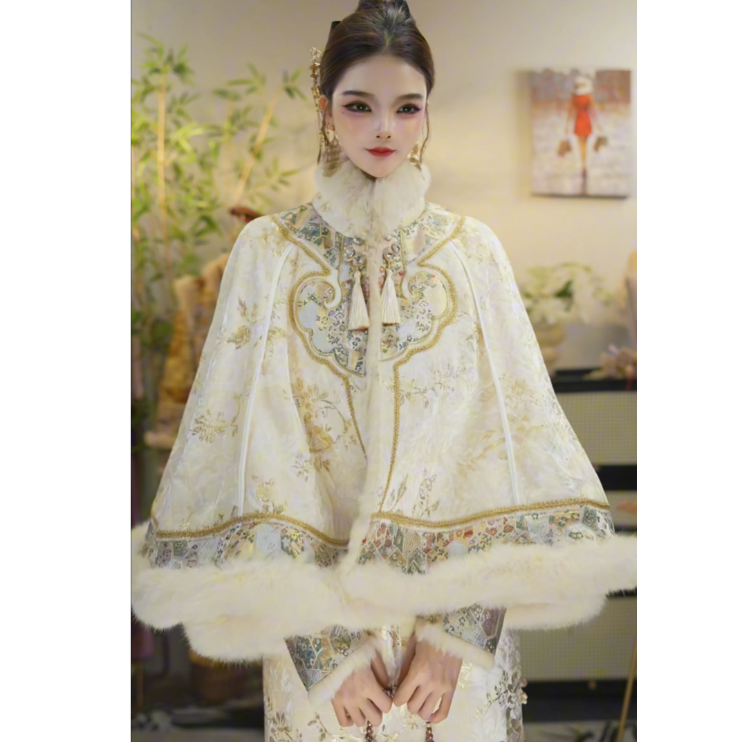 夏维莲2025冬季新款加绒复古杏白日常中式裙子套装（5873+5863）