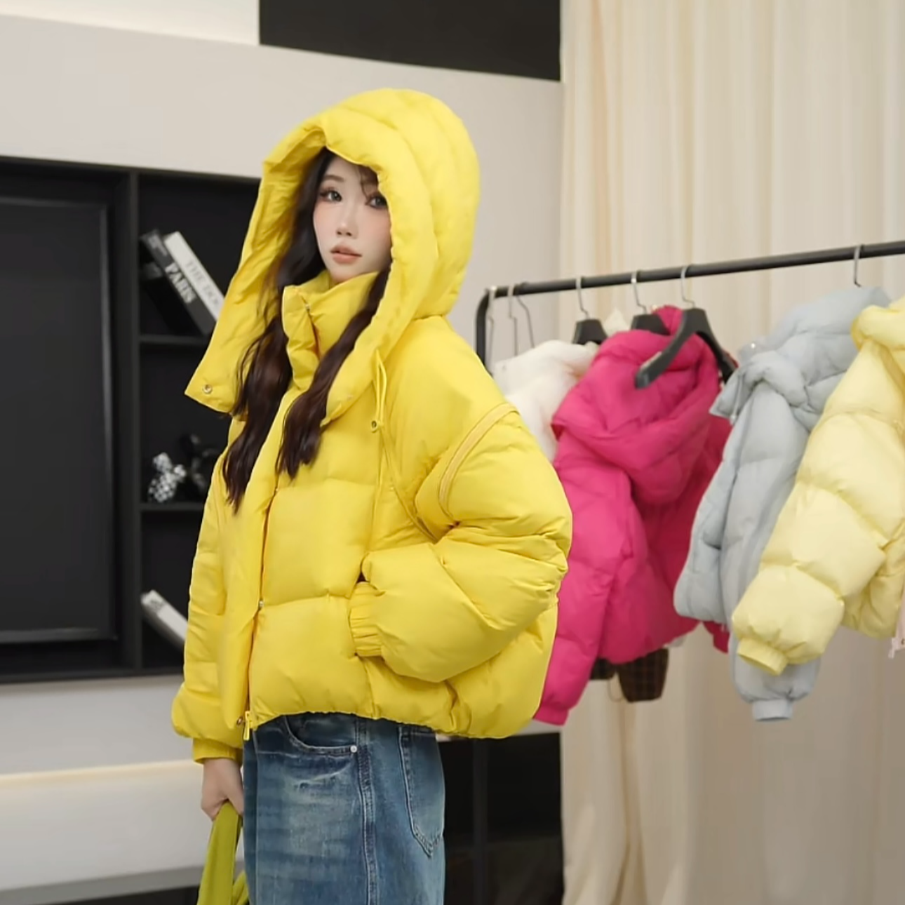 韩版宽松保暖羽绒服女拉链袖子连帽韩版外套短款加厚时尚小个子冬