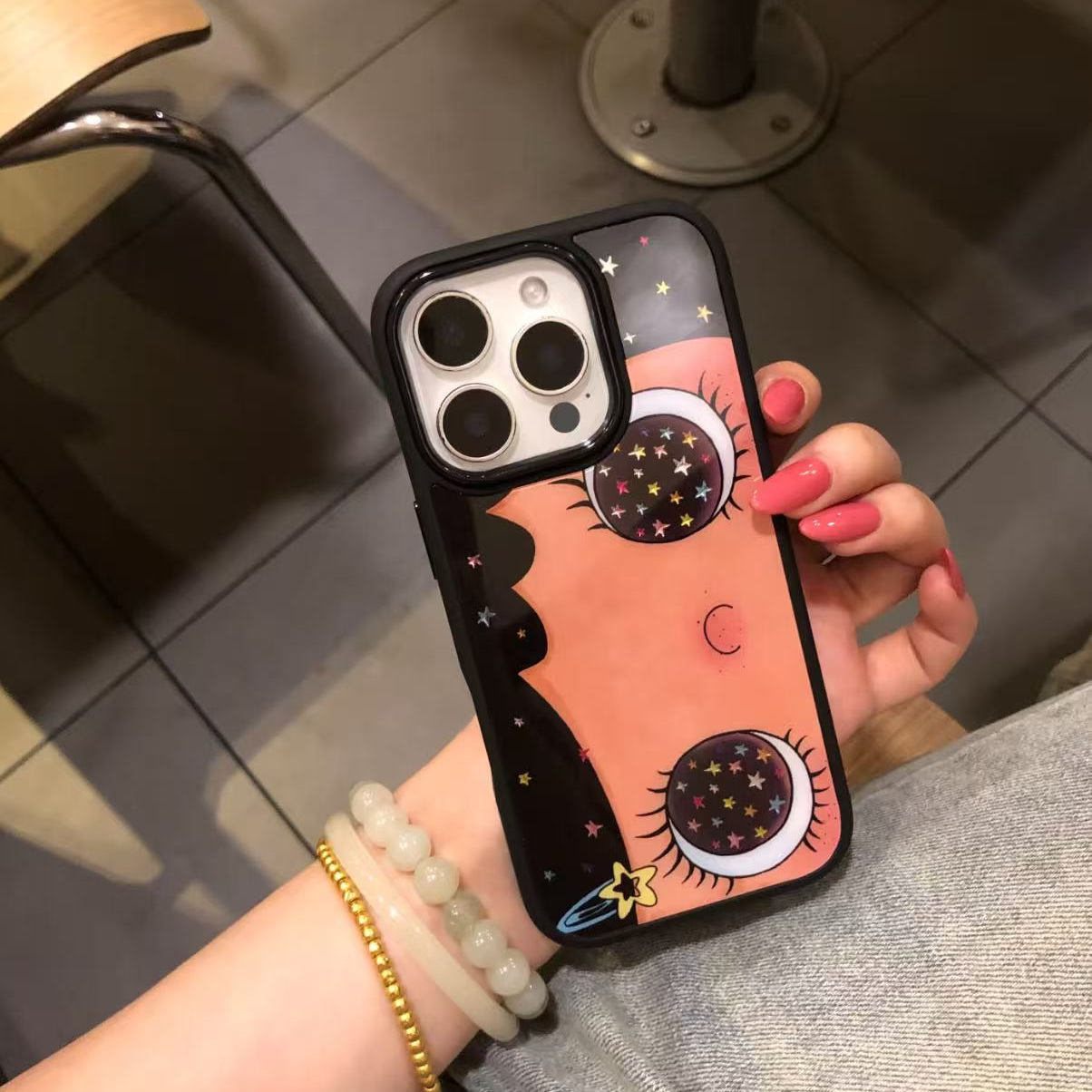 鎏金玻璃横屏大眼睛女孩适用苹果16pro/iPhone15p/14手机壳13卡通
