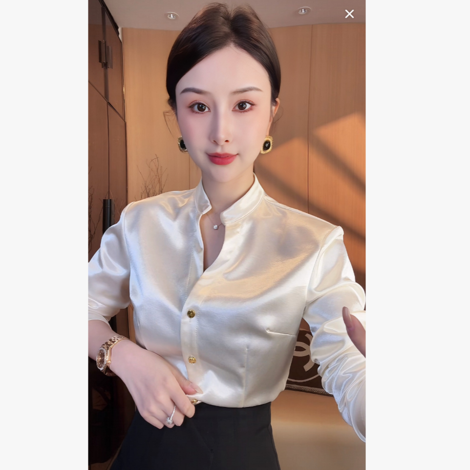 刘欣定制高级感气质长袖衬衫女2025新款复古港风修身百搭小衫5589