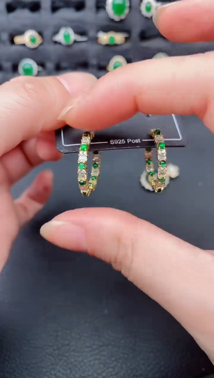 银S925镶嵌翡翠耳饰天然a货翡翠224