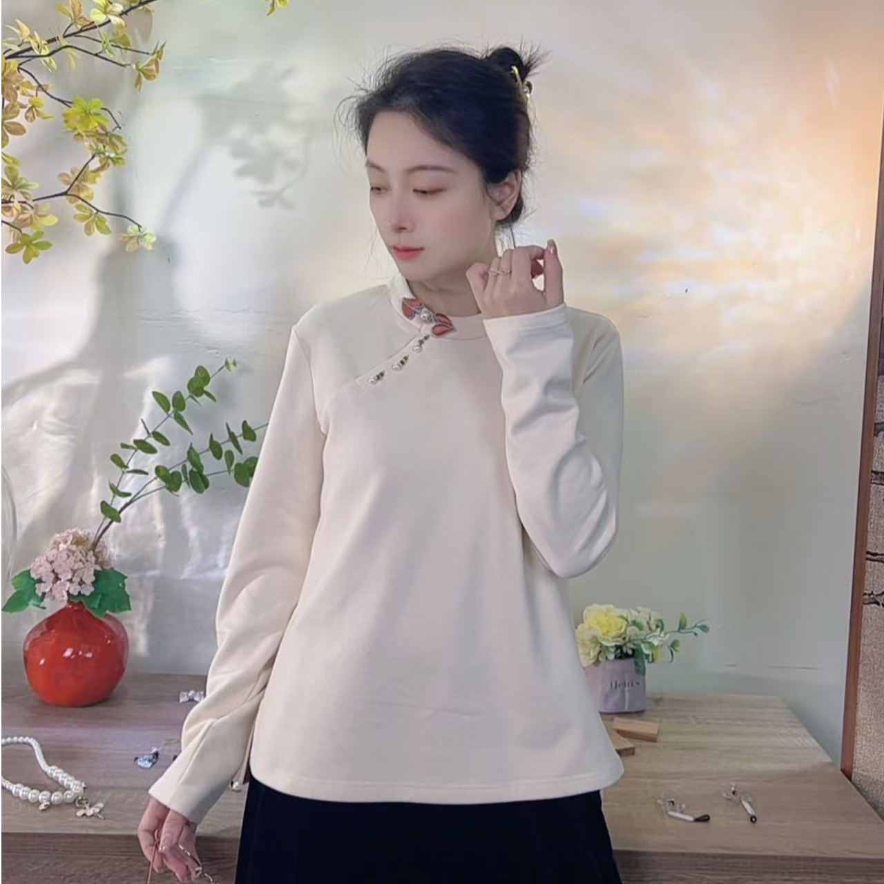 秋冬新品国风羊毛打底衫长袖女通勤T恤女装上衣