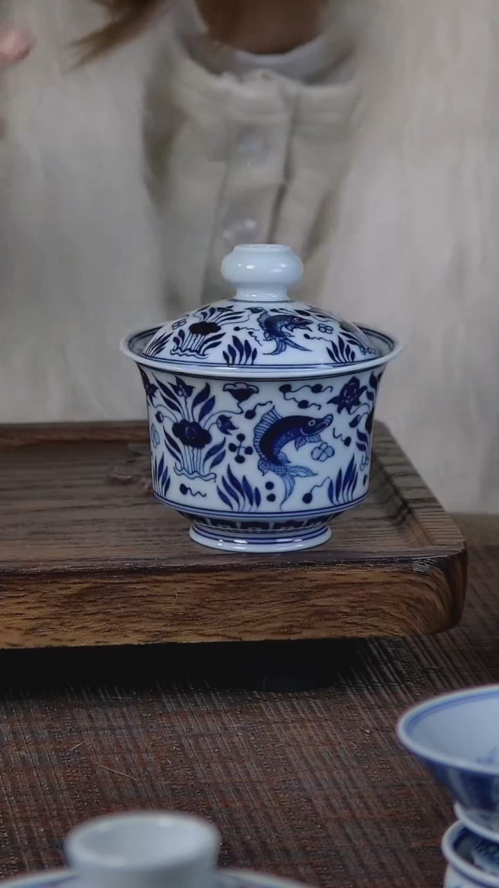 【闪购商品】折葵非器手工手绘鱼藻马蹄盖碗