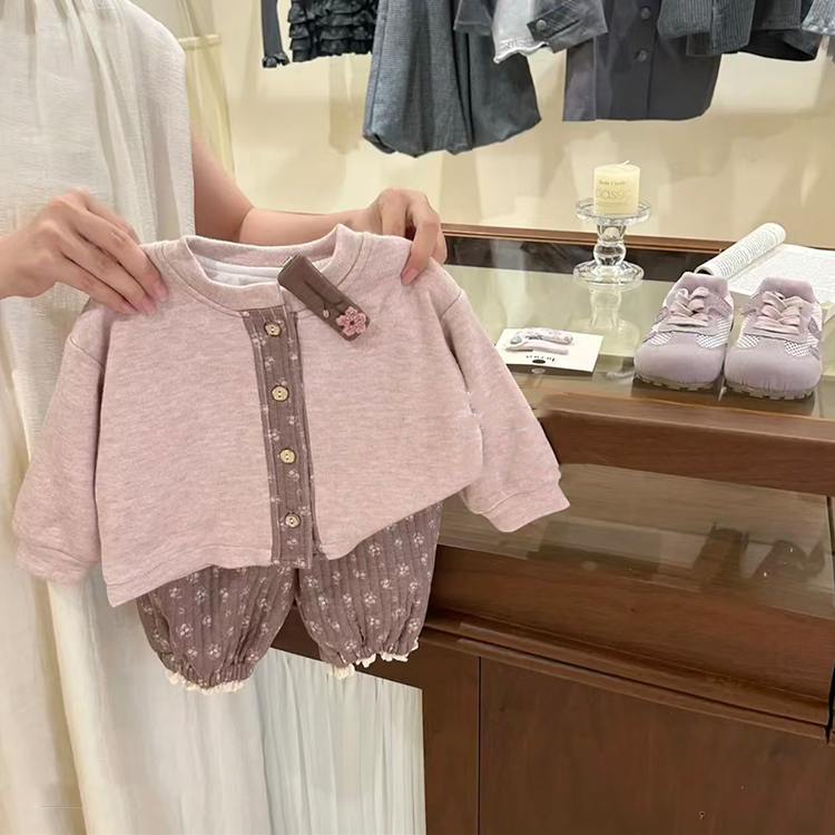 女童冬季套装2025新款女宝宝秋冬季加棉加厚洋气复古碎花两件套潮