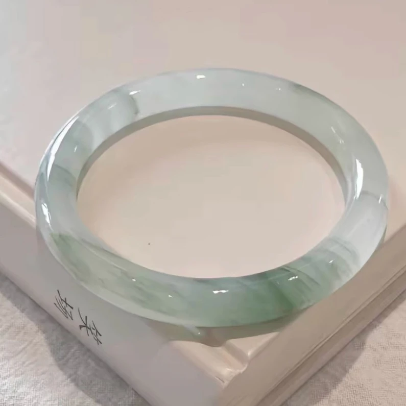 天山翠飘花冰透高冰女士气质简约清新风玉镯白色浅绿