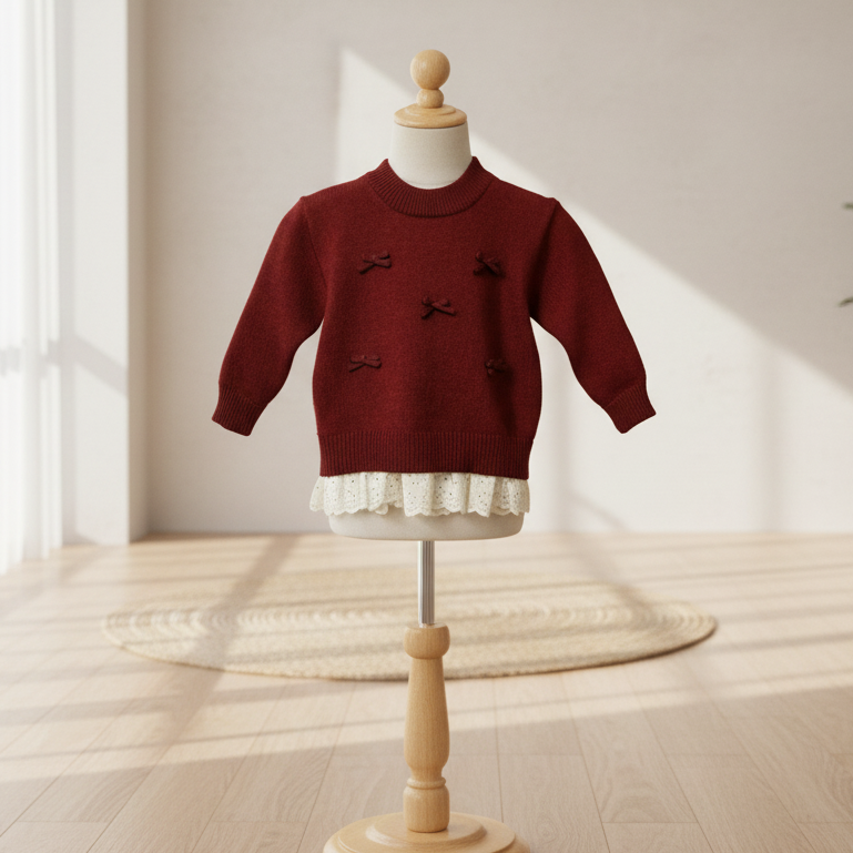 加厚针织衫女圆领蝴蝶结儿童新年毛衣上衣套头