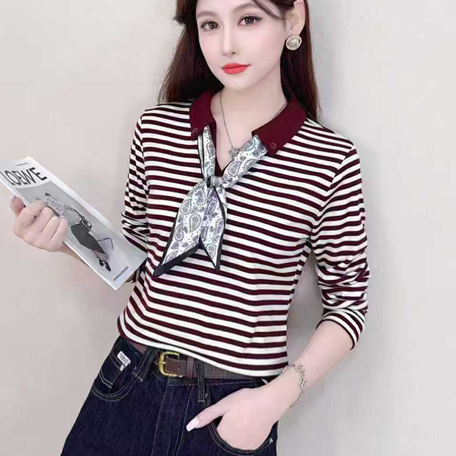妈妈打底衫上衣条纹纯长袖t恤女秋装打底衫洋气高贵显瘦百搭小衫