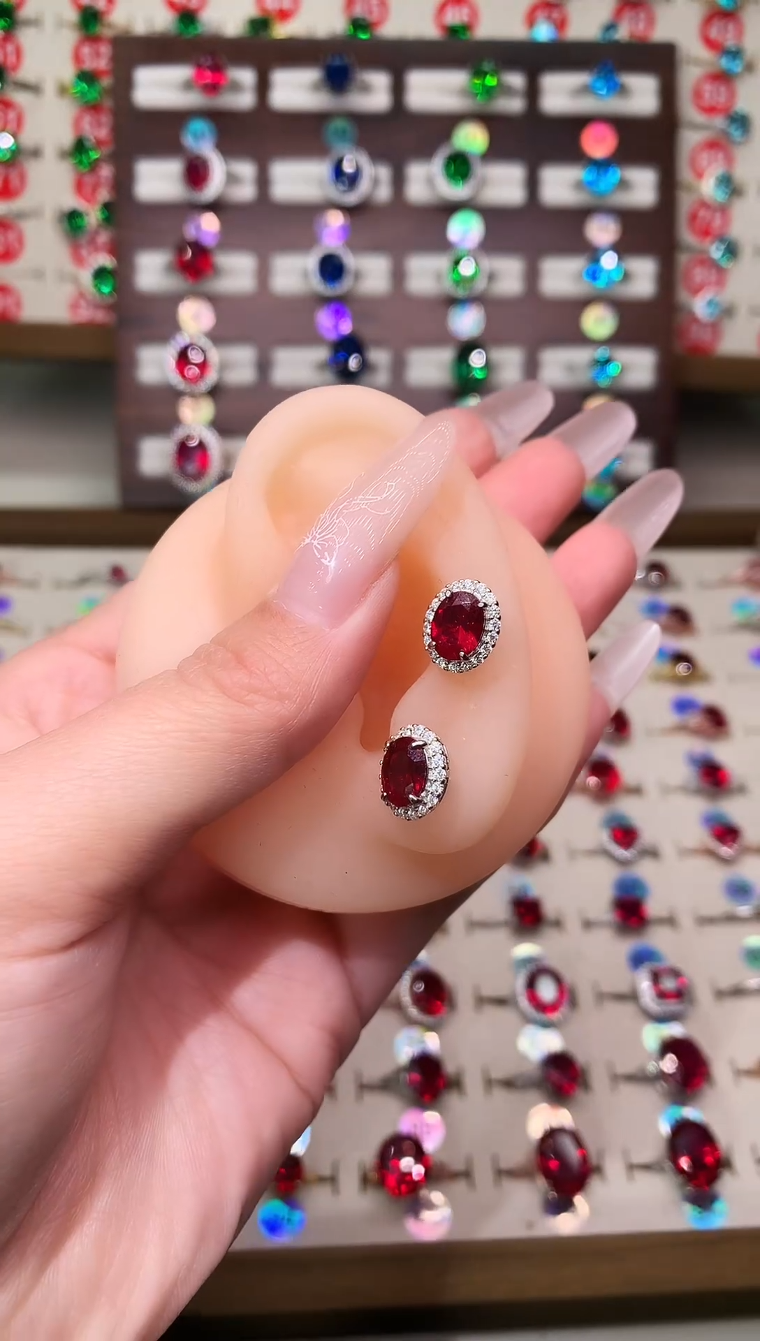 银S925镶嵌耳饰红宝石6*8 酒红 银托