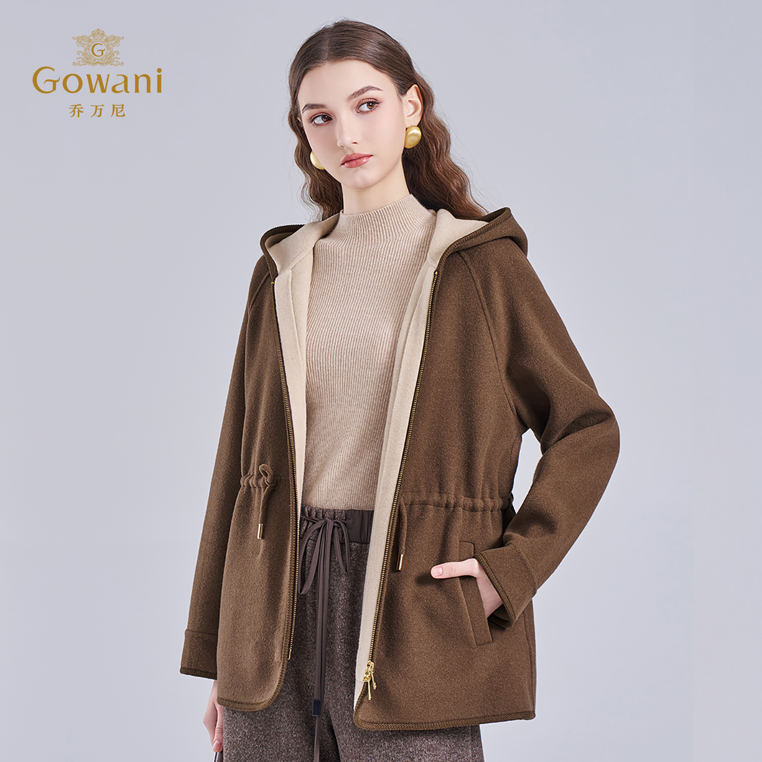 乔万尼老风连帽绵羊毛大衣女小个子百搭减龄毛呢外套ED4A793