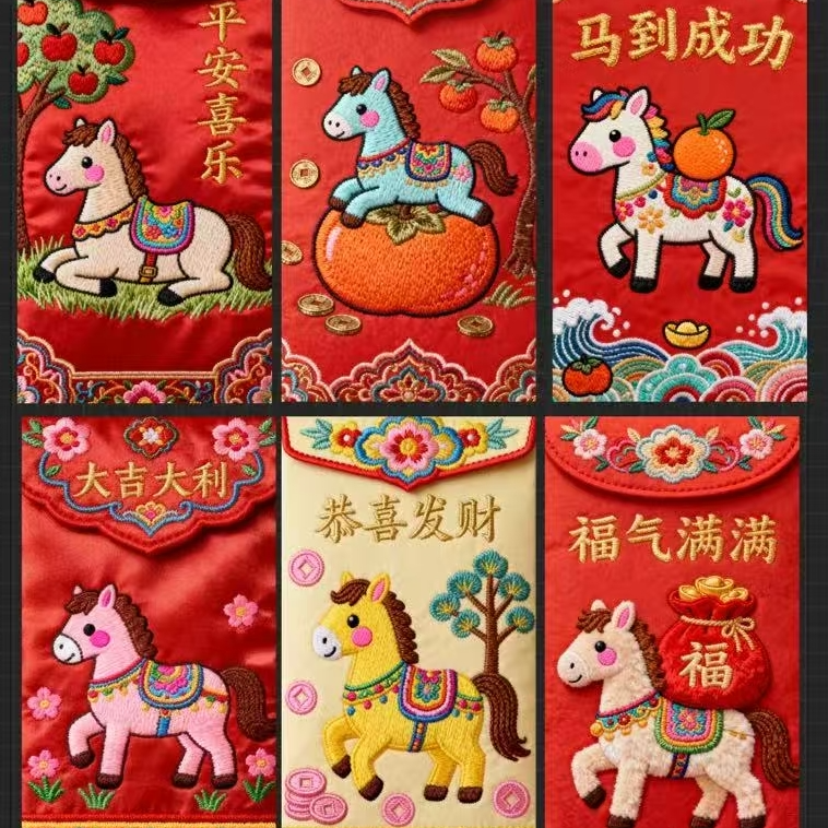 2026马年春节5D平面毛绒刺绣可爱卡通Q版利是封压岁钱红包新款