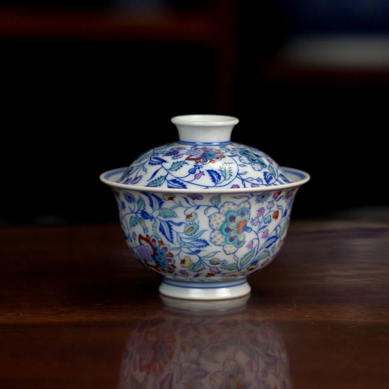 空山明月青花斗彩凤尾草两才盖碗元宝器型泡茶碗花卉缠枝两才茶碗