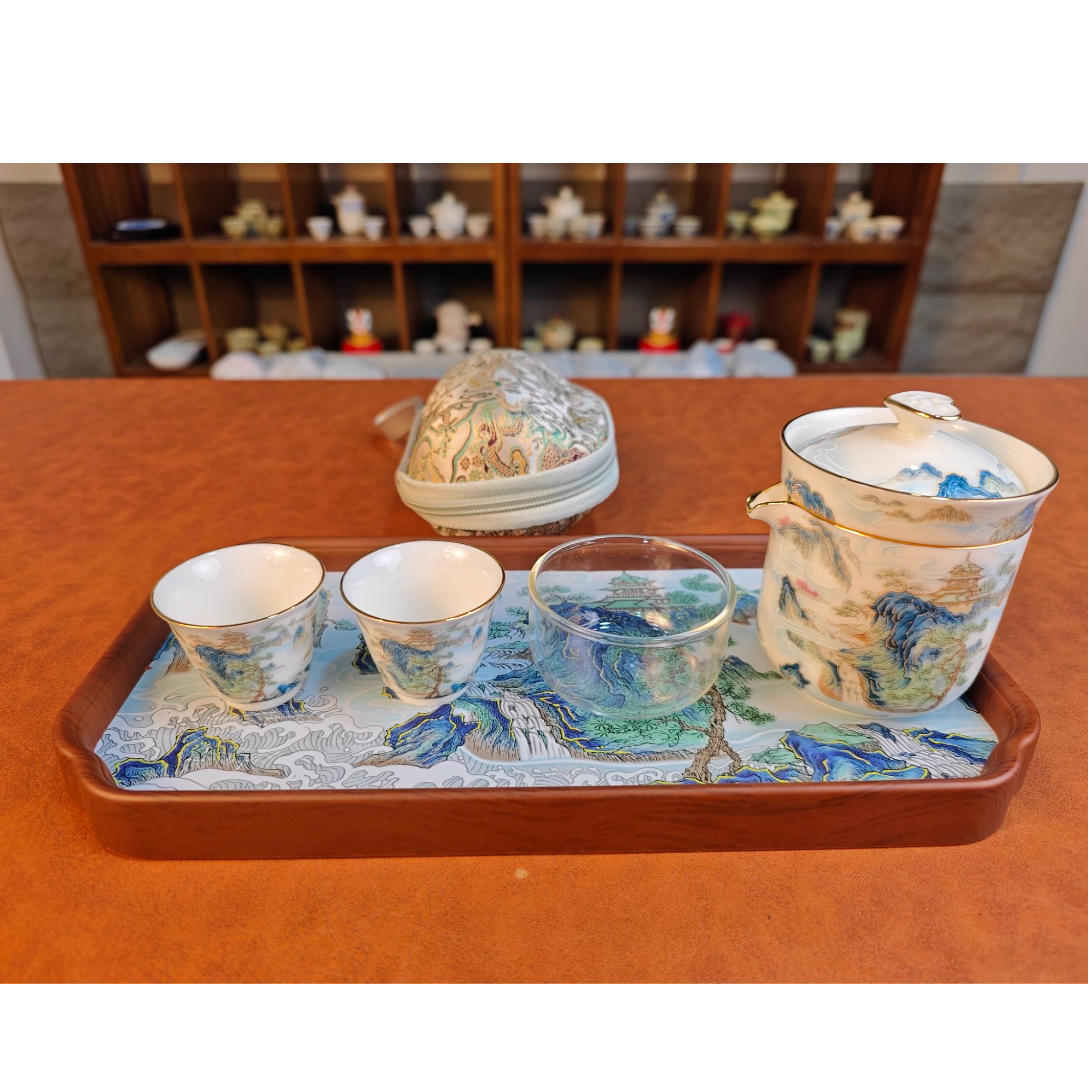 山水描金旅行茶具一壶三杯带茶盘mc082