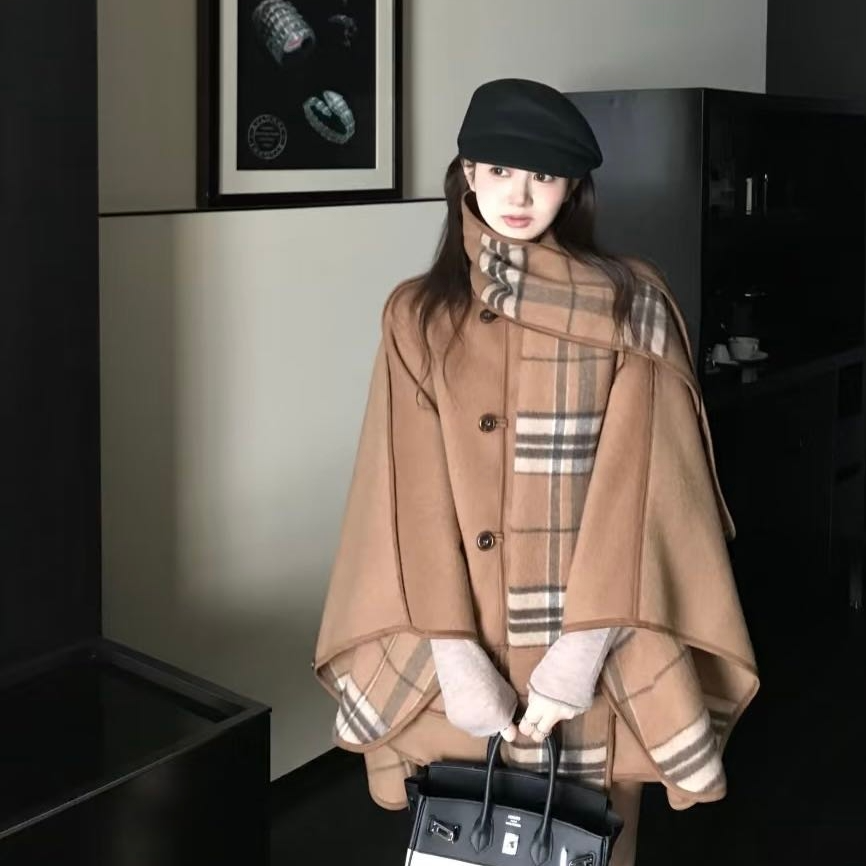 杰瑞【精致美感】复古千金感气质两面穿大衣围巾双面呢斗篷大衣