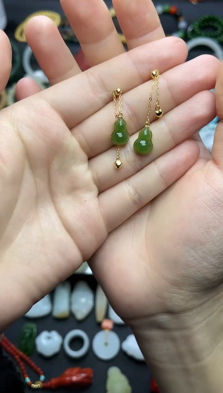 银S925镶嵌和田玉耳饰小?葫芦耳线06