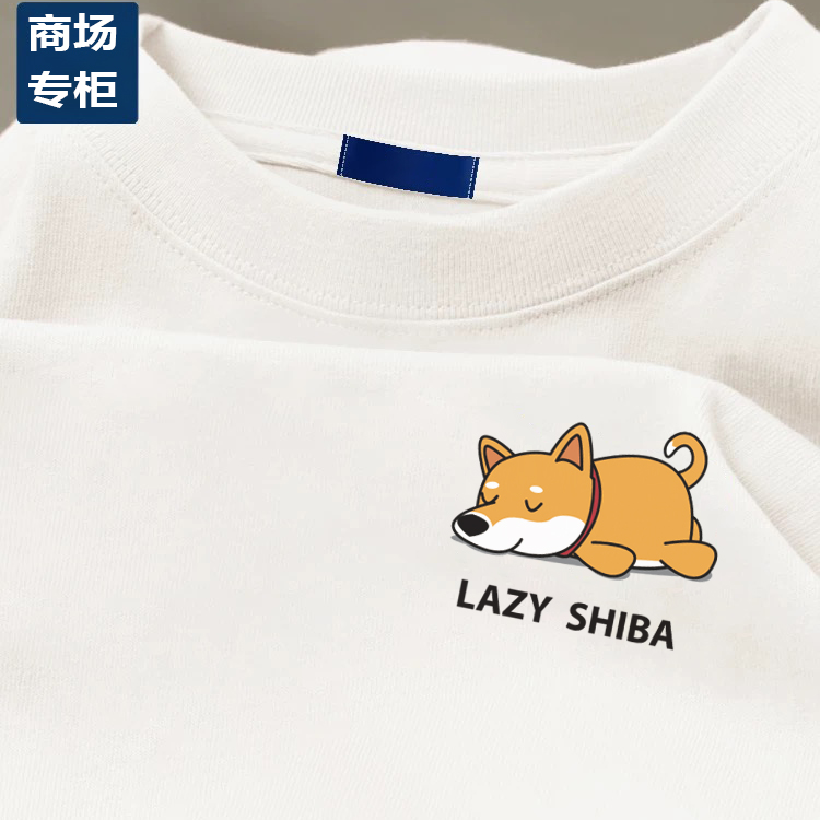 简约小狗重磅230g落肩袖T恤短袖纯棉印花设计感宽松显瘦男潮流