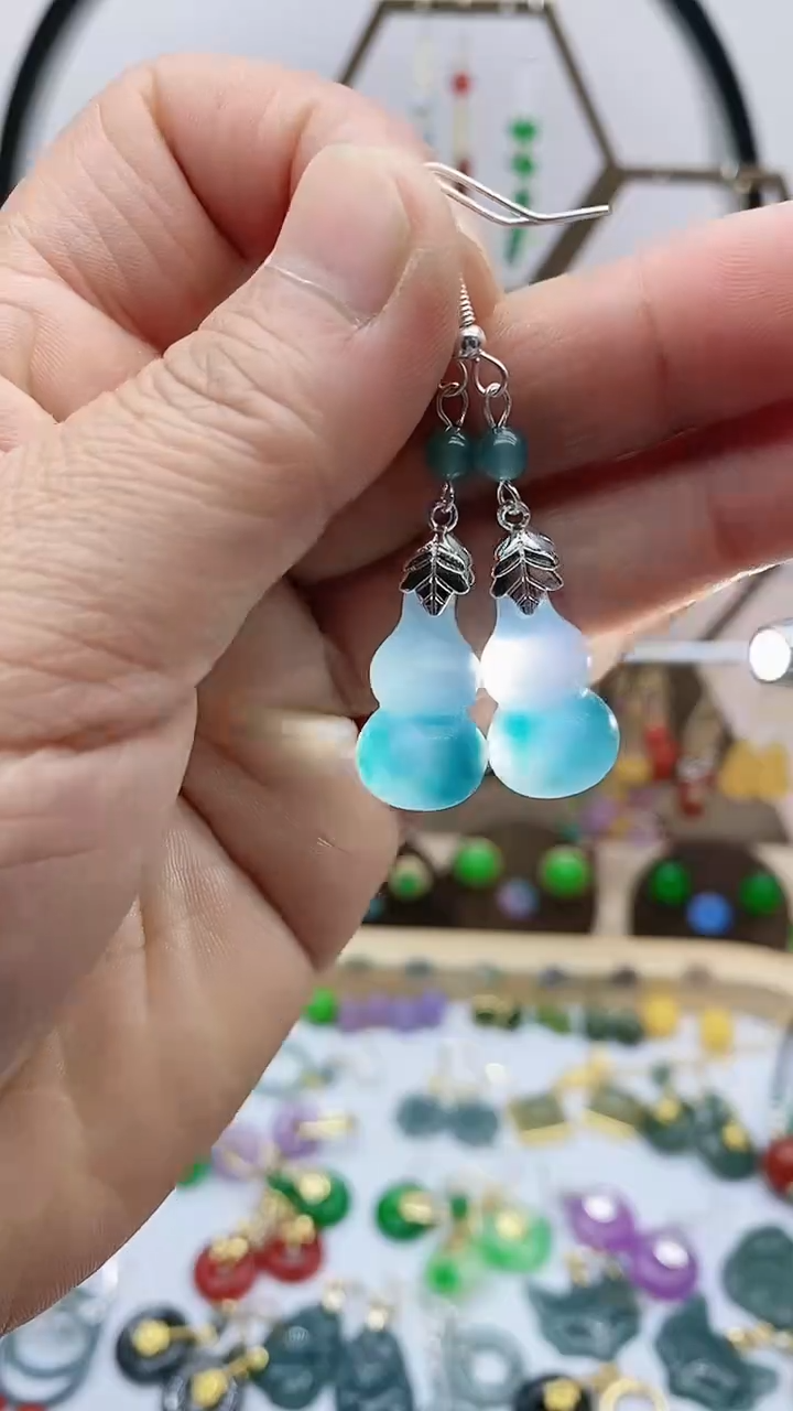 银S925镶嵌石英质玉（天山翠）耳饰963