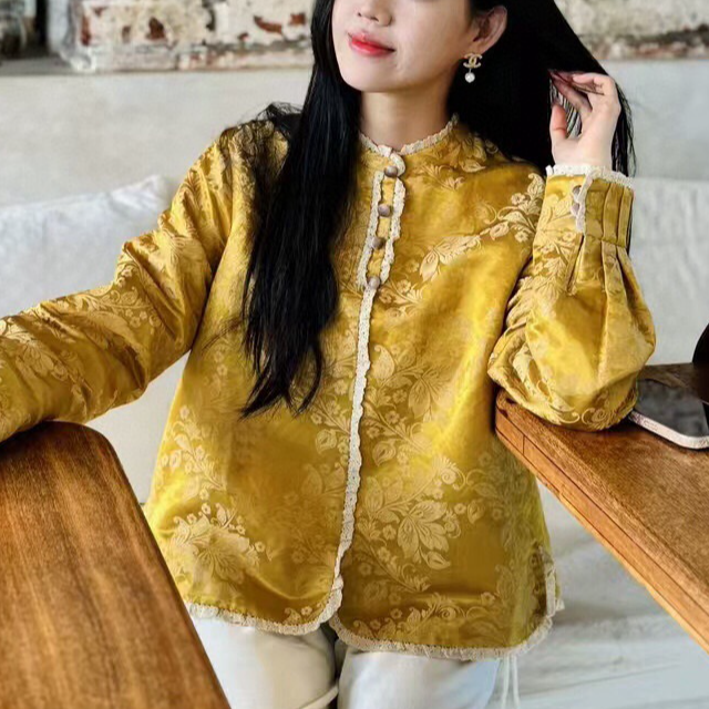 2025新款国风款式提花衬衫长袖拼蕾丝花边宽松显瘦上衣