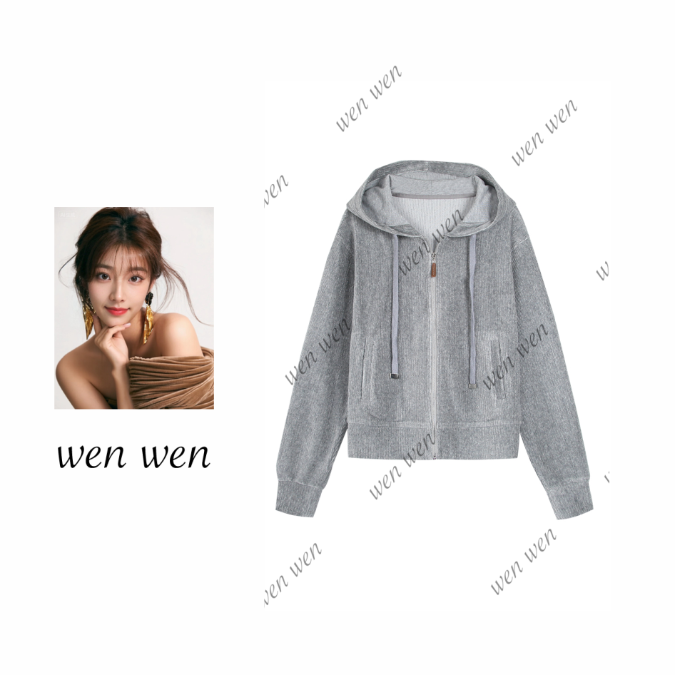 【文WENWEN】258133-小莹 秋季新款丝绒棉运动户外连帽夹克卫衣外套