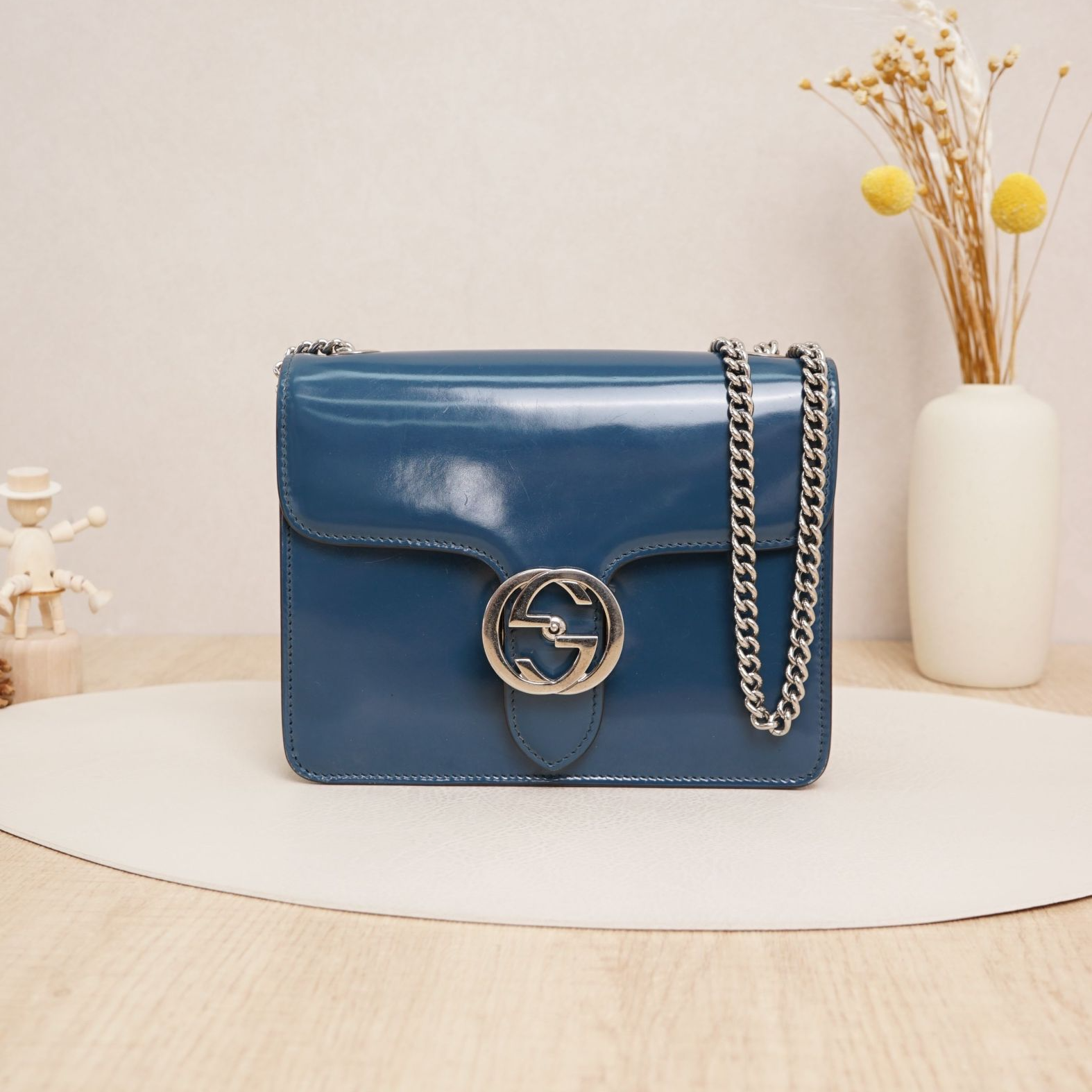 95新 GUCCI/古驰 风琴包小号蓝色漆皮/DS028516