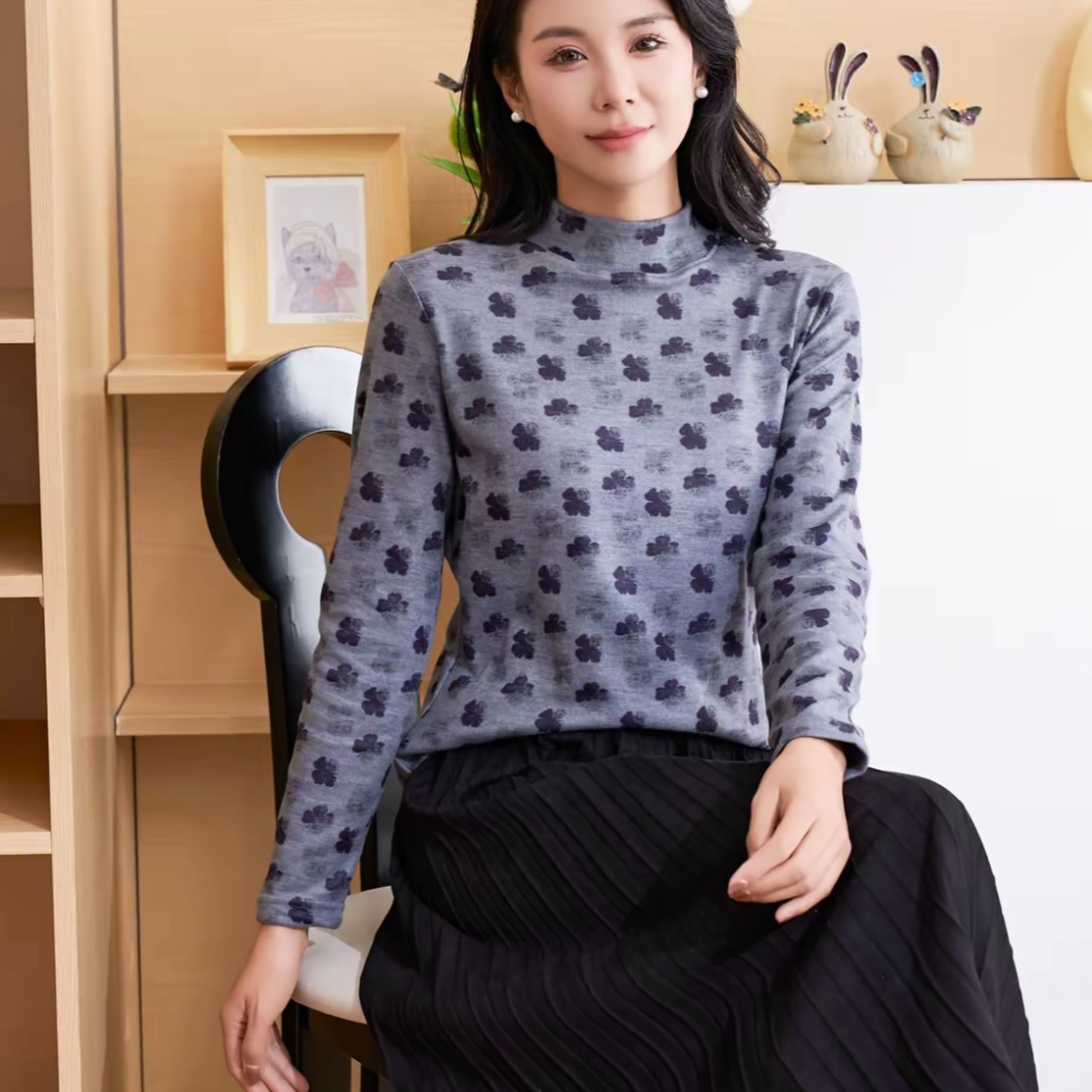 【新款】双面德绒印花半高领小衫离子发热德绒保暖长袖打