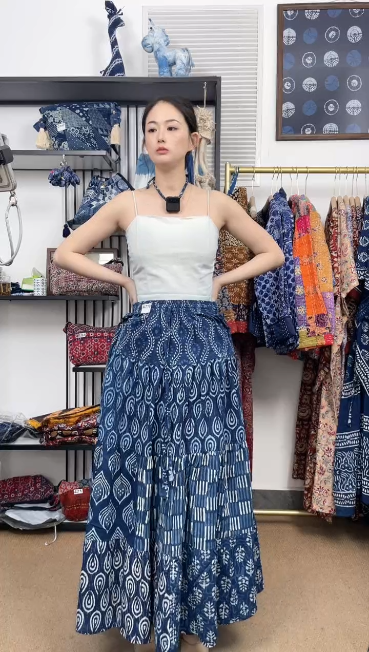 【闪购商品】719印度长绒棉拓印蓝染半裙