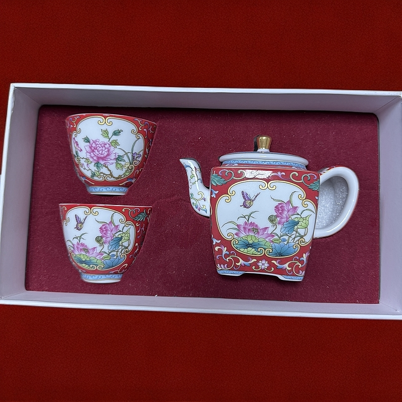 【百善瓷业】红底开窗花鸟壶套装+礼盒