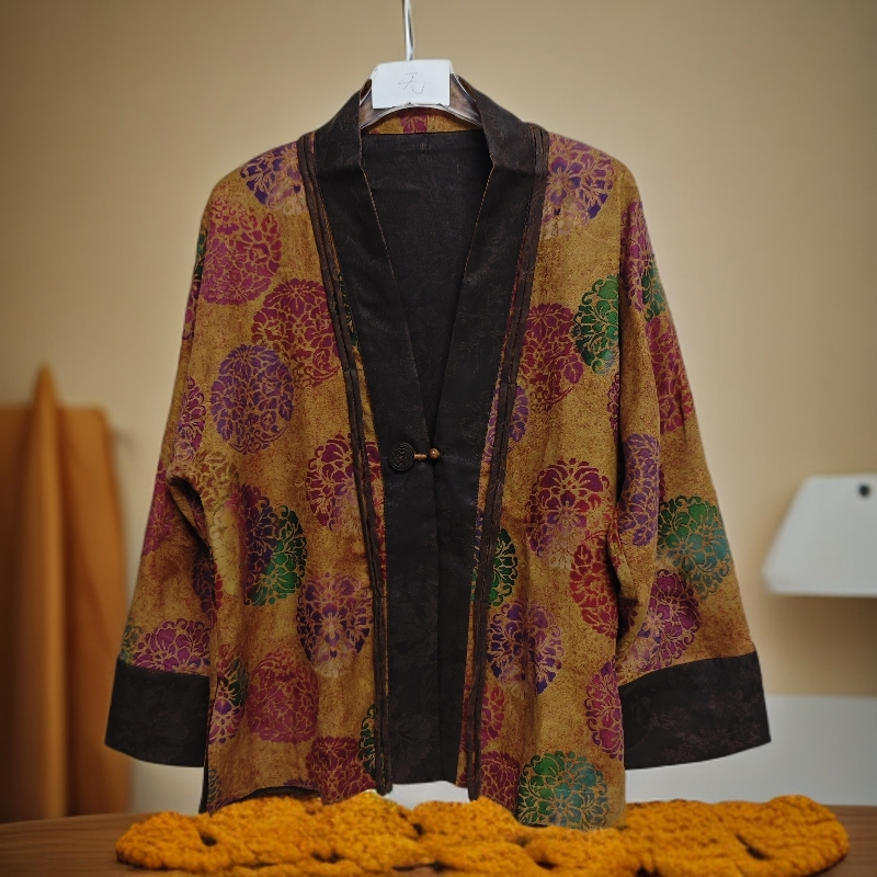 TT 2025新款绢纺葡萄泥七彩团花长袖复古中式开衫外套 24zh729