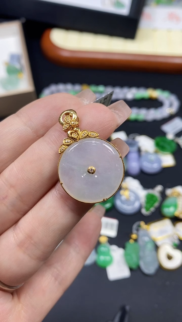 吊坠(不含链)18K金镶嵌翡翠平安扣18K金扣镶嵌@@CMT