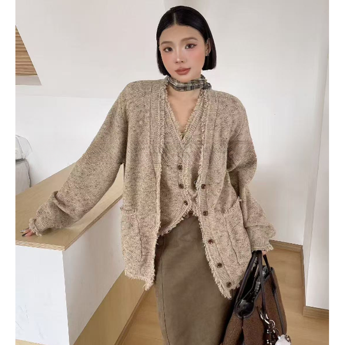 网感韩系秋冬小香风慵懒松弛感轻熟重工流苏毛衣背心针织外套套装