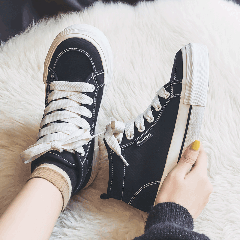 人本高帮帆布鞋女2025新款冬季韩版休闲鞋ins潮厚底加绒东北棉鞋