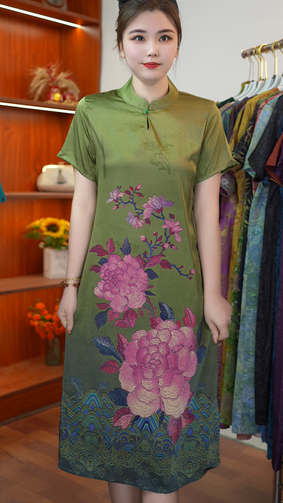 【绿色立领牡丹】2025夏季新款时尚气质显瘦百搭中长款连衣裙