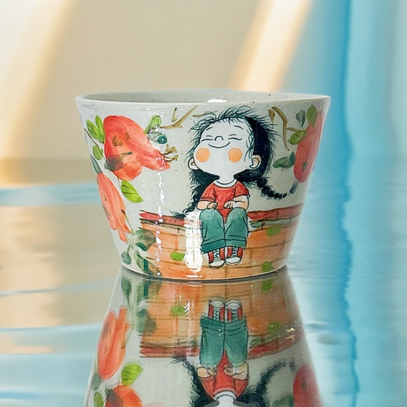 石榴树下的小女孩 手绘茶杯