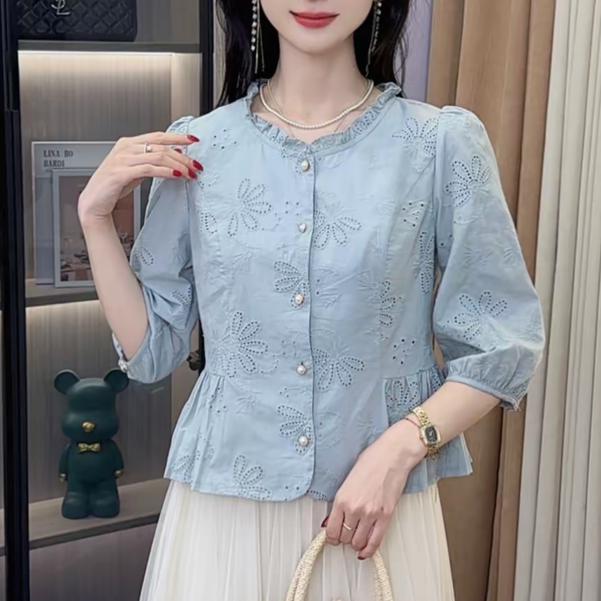 2025法式花边圆领衬衫女早秋新款洋气减龄显瘦百搭上衣