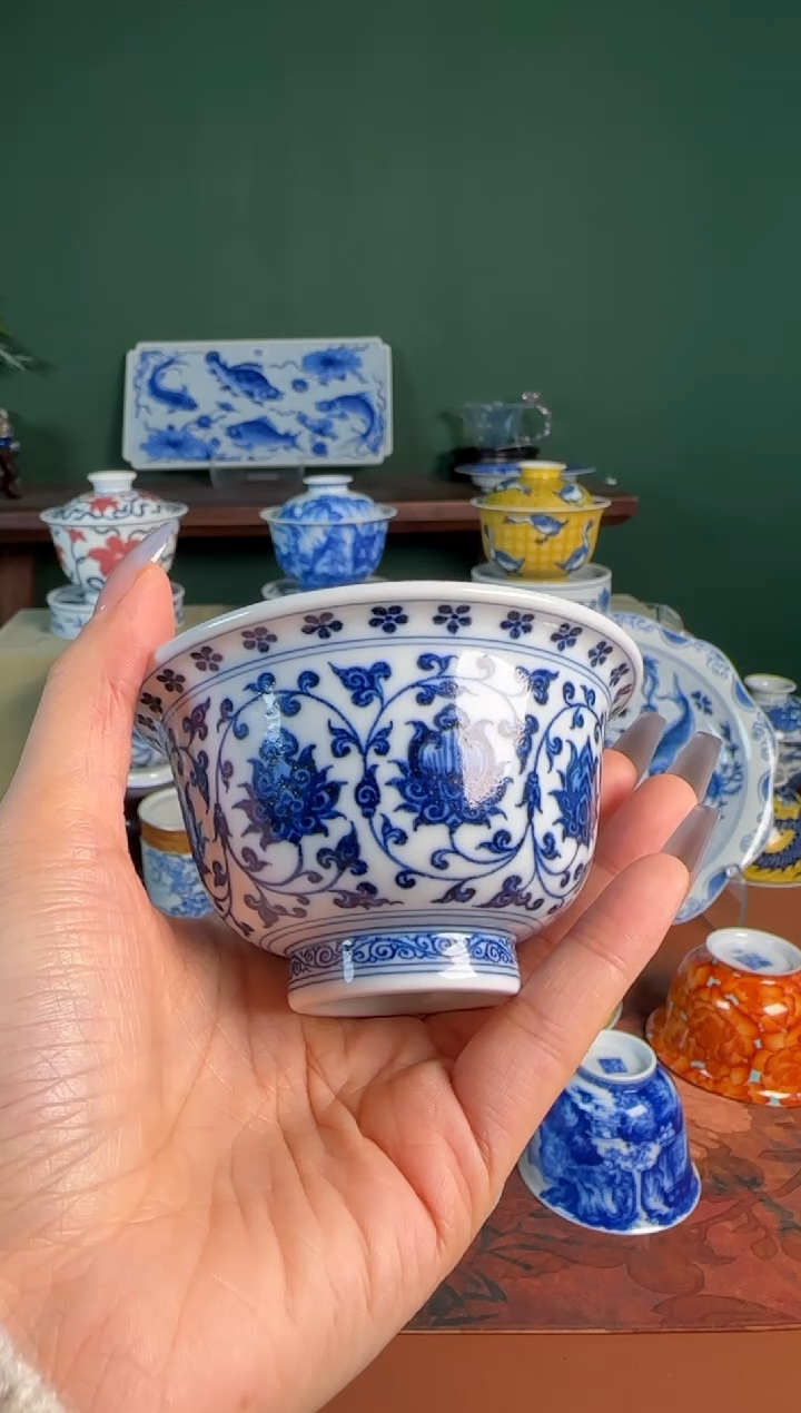 【闪购商品】杯水造 青花 缠枝莲 压手杯 