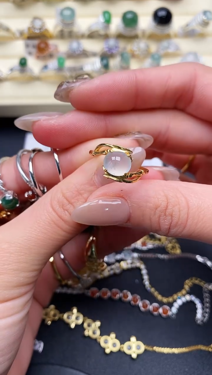 【闪购商品】翡翠戒指银S925镶嵌缅甸天然A货翡翠222  7-9