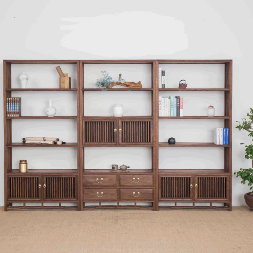 新中式书柜实木茶室家具黑胡桃木展示柜博古架书架组合老榆木书柜