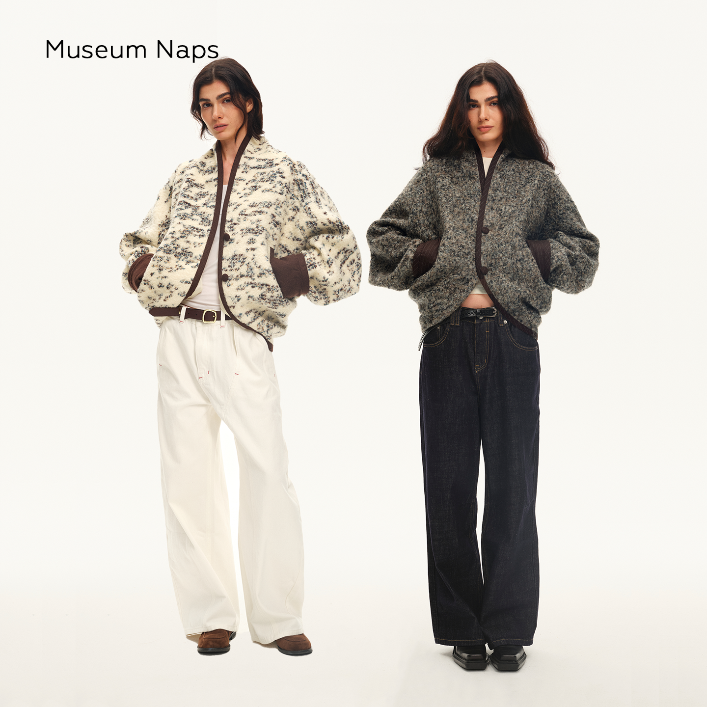 Museum Naps 茧型羊毛混纺拼接撞色蝙蝠袖落肩休闲毛呢外套