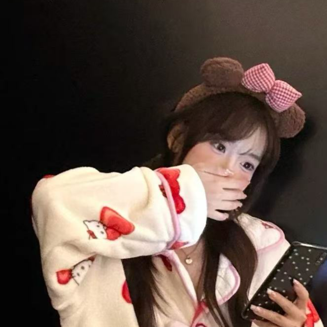 小雅姐姐 可爱刺绣猫咪蝴蝶结翻领撞色加厚毛绒家居服套装KG23