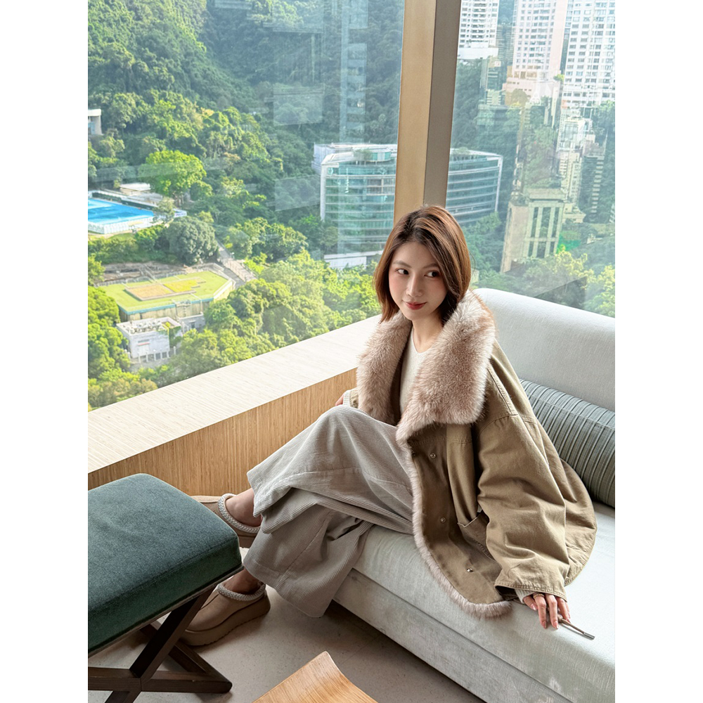 【唐悠悠】软糯皮草防风派克服中长款外套女工装风大口袋宽松大衣