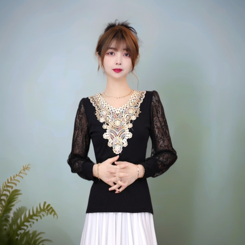 彩色亮片显瘦蕾丝花纹袖打底新疆舞广场舞服装T恤重工时尚百搭